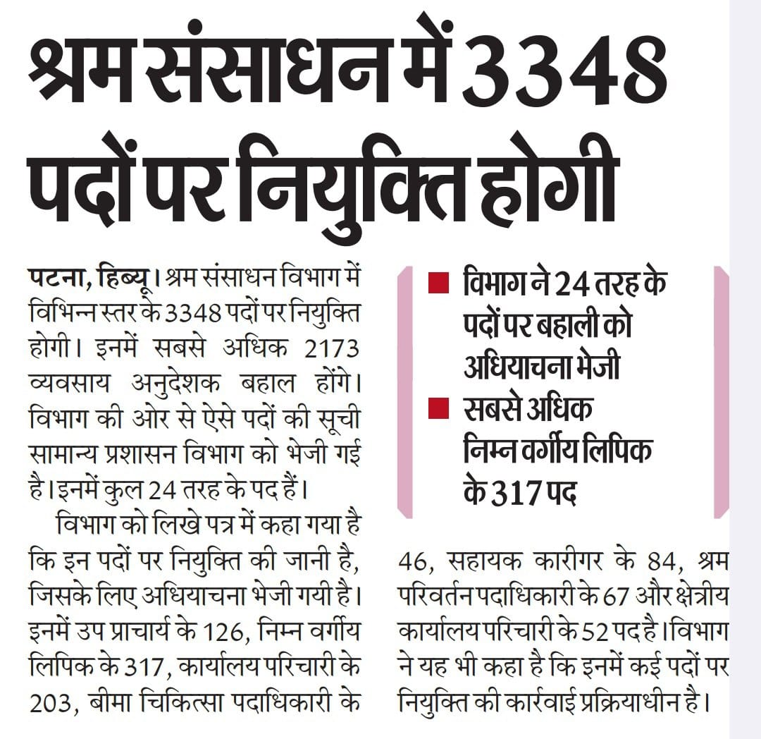 श्रम संसाधन विभाग में 3348 पदों पर होगी बंपर भर्ती, जानें कौन-कौन से पद होंगे शामिल | Latest Hindi Banking jobs_3.1