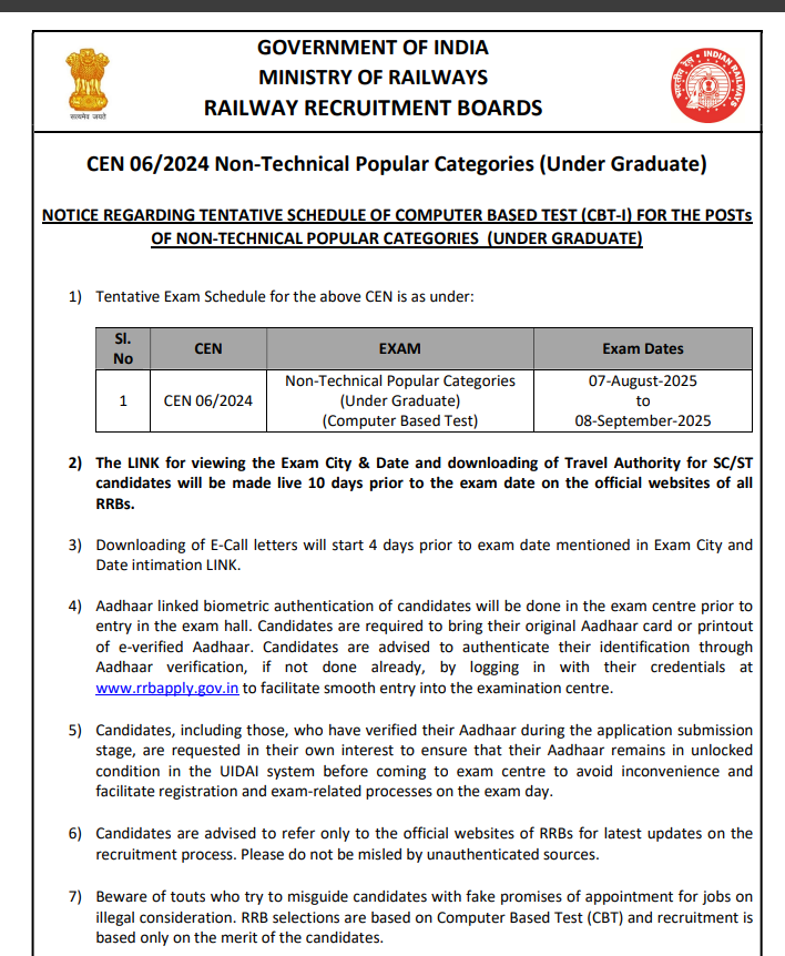 RRB NTPC Undergraduate Exam Date 2025 Out – RRB एनटीपीसी अंडर ग्रेजुएट लेवल परीक्षा की तारीख हुई जारी, जानें CBT 1 का पूरा शेड्यूल | Latest Hindi Banking jobs_3.1