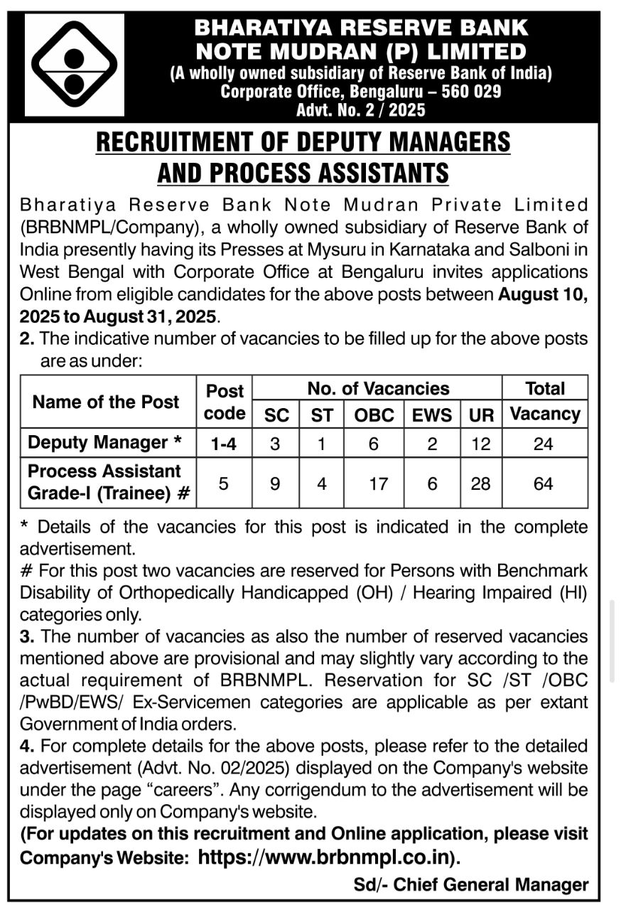 BRBNMPL Recruitment 2025: 88 पदों पर निकली भर्ती, Deputy Manager और Process Assistant के लिए मौका, जल्दी करें आवेदन! | Latest Hindi Banking jobs_3.1