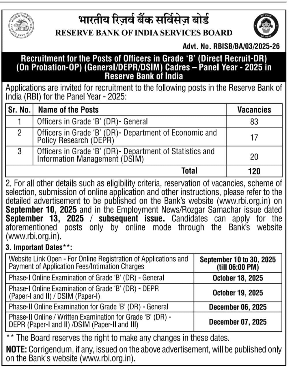RBI Grade B Notification 2025: 120 पदों पर भर्ती के लिए नोटिफिकेशन जारी | Latest Hindi Banking jobs_3.1