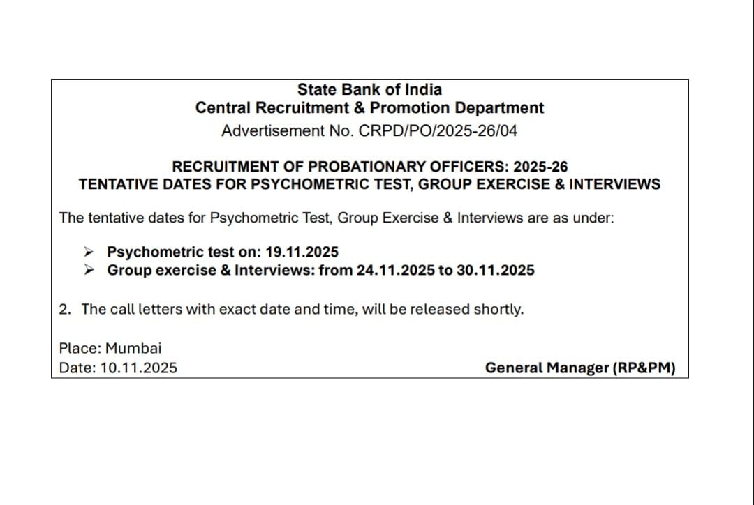 एसबीआई PO इंटरव्यू 2025 की तारीखें जारी – चेक करें साइकोमेट्रिक टेस्ट, ग्रुप एक्सरसाइज और इंटरव्यू की डेट | Latest Hindi Banking jobs_3.1
