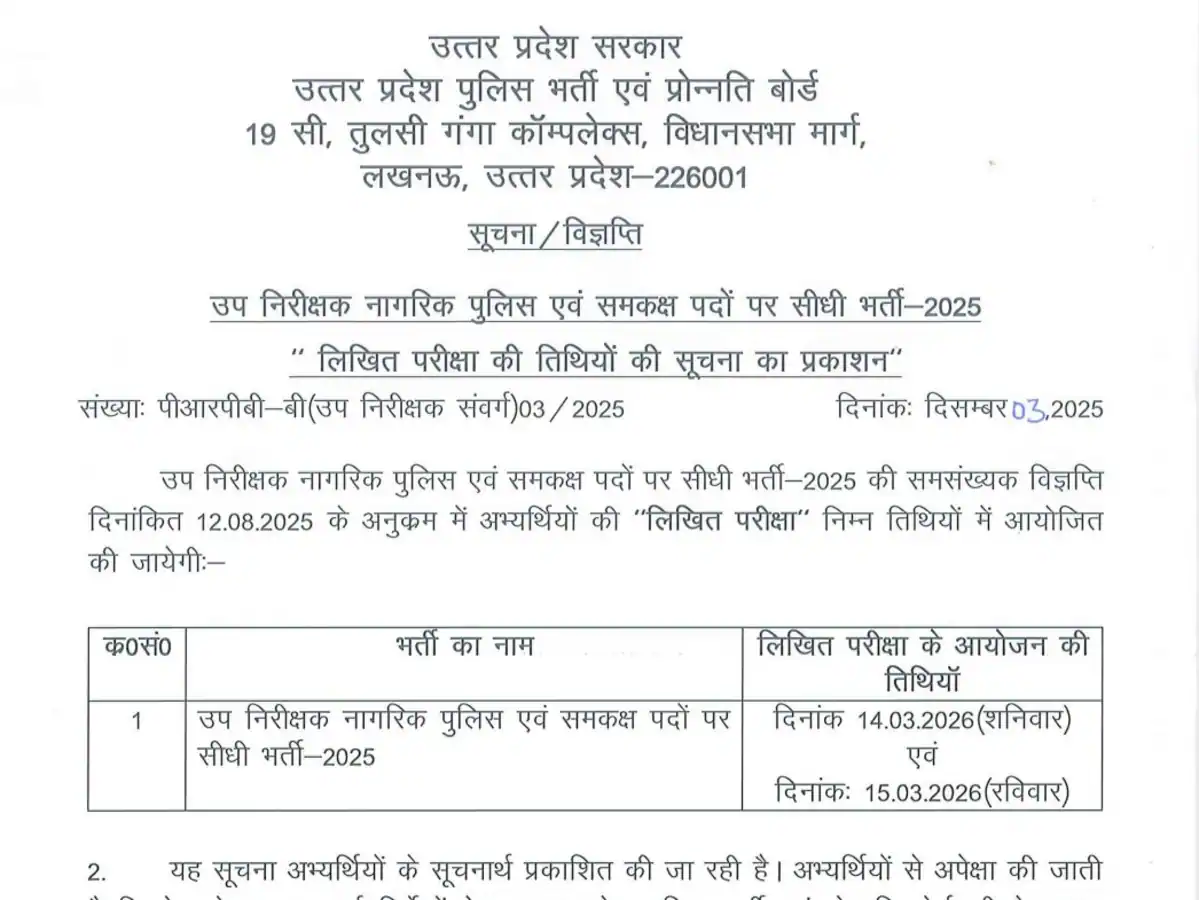 UP Police SI Exam Date 2025 OUT