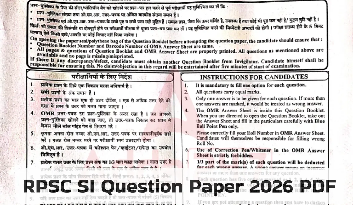 RPSC SI Question Paper 2026