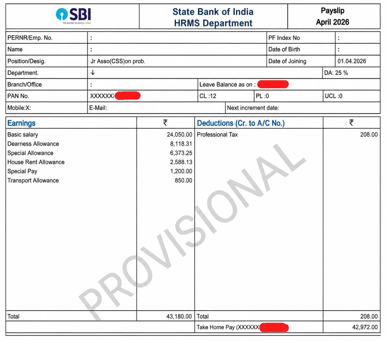 SBI Clerk Salary Slip