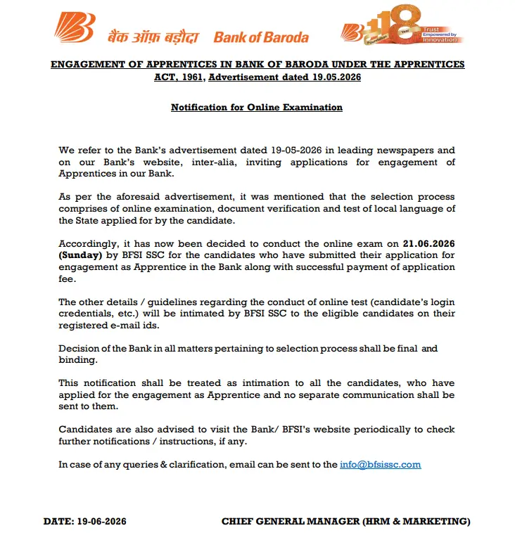 Bank of Baroda Apprentice Exam Date 2026
