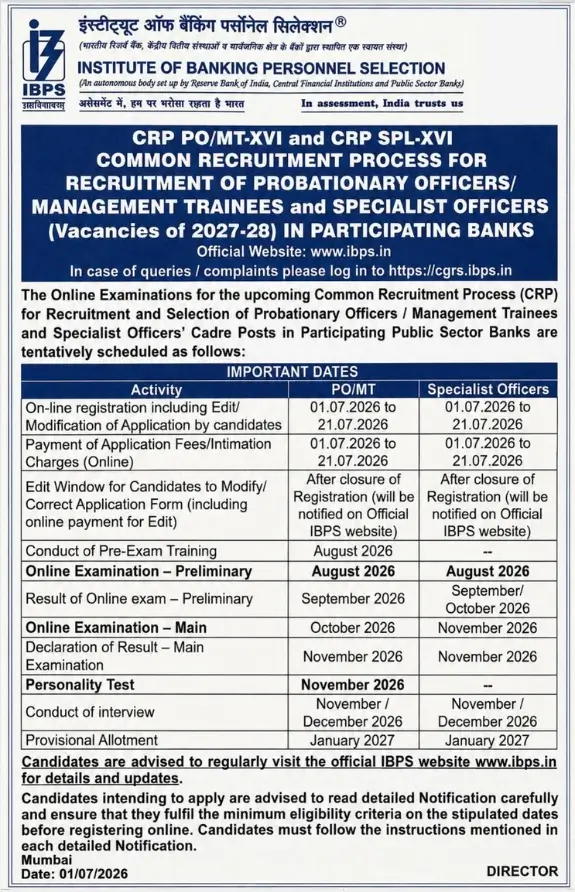 IBPS PO & SO Short Notice 2026