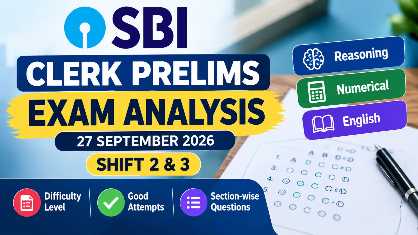 SBI Clerk Exam Analysis 2026, 27 September Shift 2 & 3
